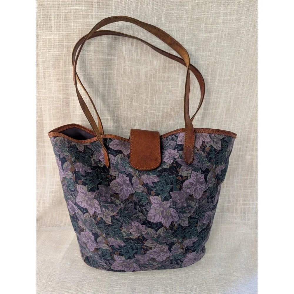 Vintage Laura Ashley Purple Floral Canvas w/ Leather Strap Tote Bag Shoulder Bag